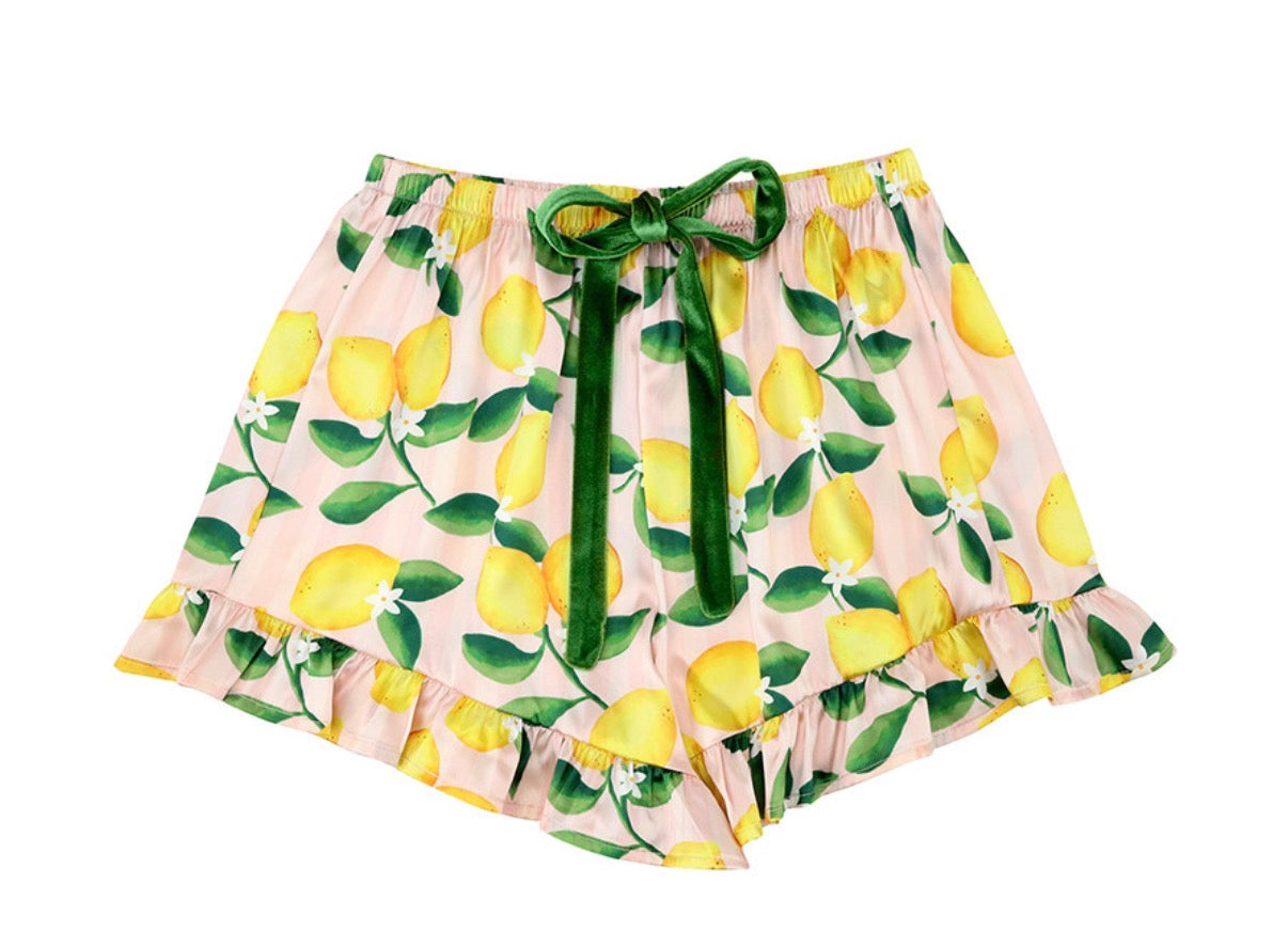 BELLA SLEEP + SPA.   Long Sleeve Cropped Ruffled Top + Ruffled Short PJ Set with Velvet Ties - Pink Stripes + Lemons- Small