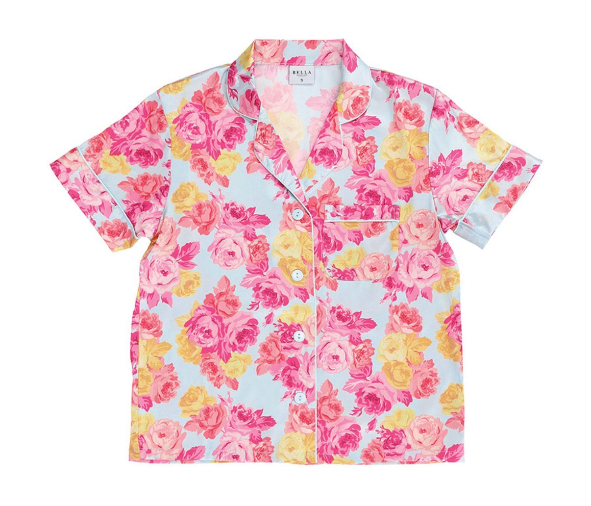 BELLA SLEEP + SPA  , Short Sleeve PJ Set with Velvet Tie - Blue + Rose Floral- Small