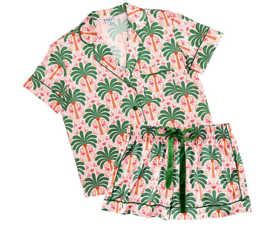 BELLA SLEEP + SPA  , Short Sleeve PJ Set with Velvet Tie - Pink + Palm Beach- Small