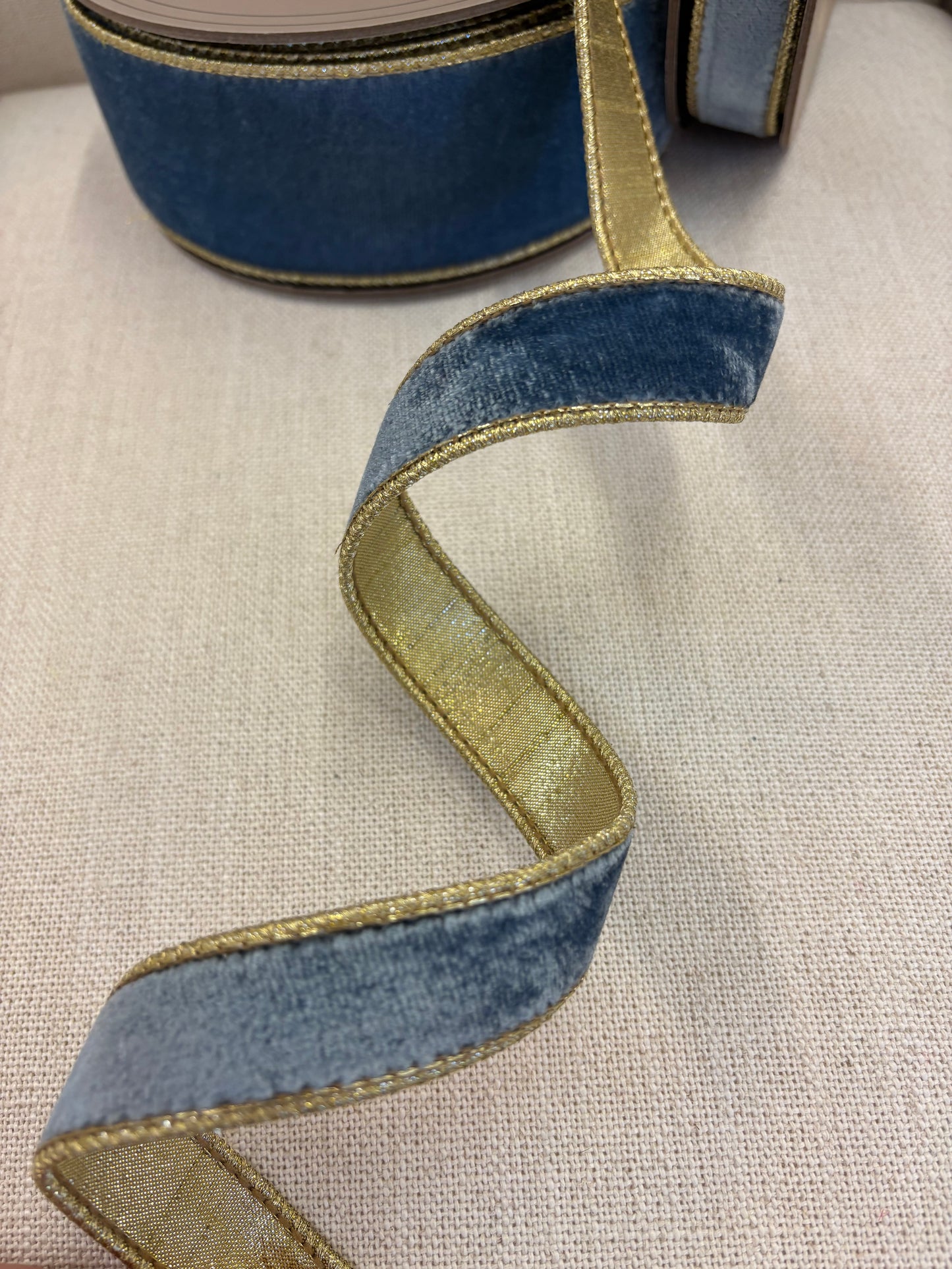 1” x 10 yd French Blue Velvet Ribbon with Gold Trim & Backing