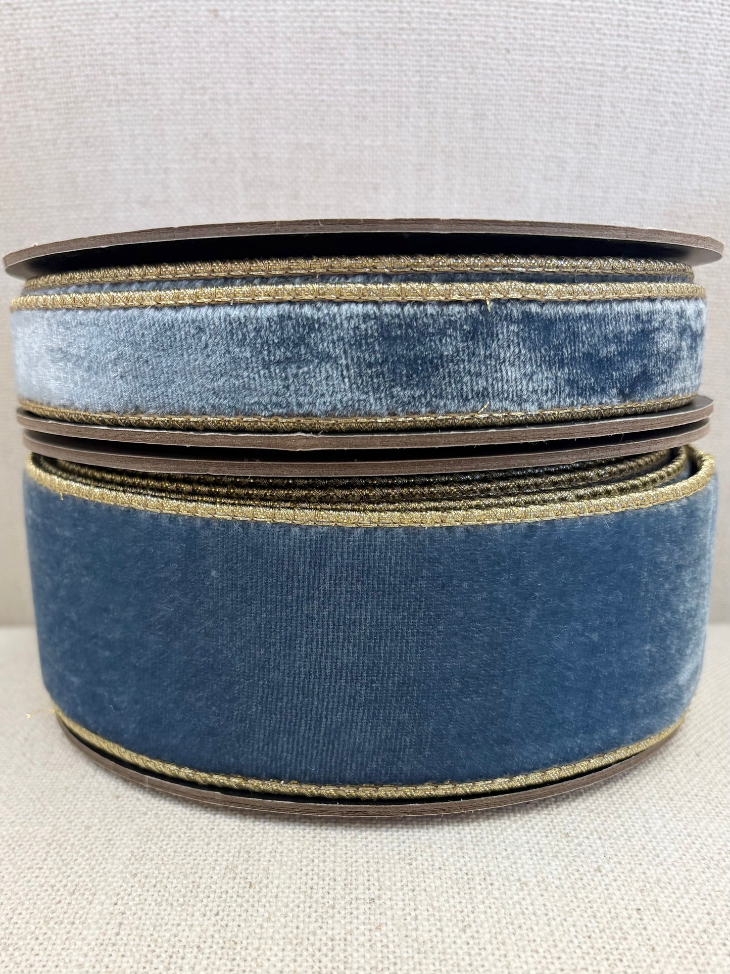 2.5” x 10yds French Blue Velvet Ribbon with Gold Trim & Backing