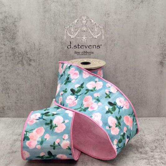 Poplin Pale Pink Watercolor Roses, Dupion Back Ribbon
