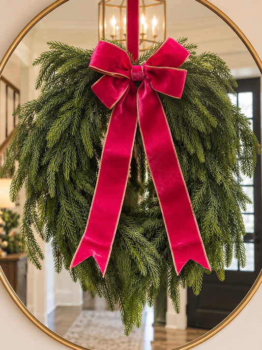 24” Willow Pine Wreath with a hot Pink Bow