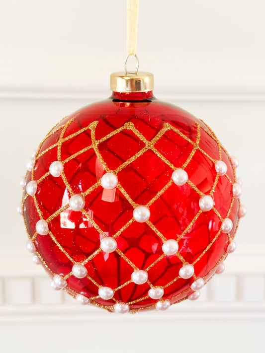 Set Of Five Ruby Luxe Pearl Trellis Ornament