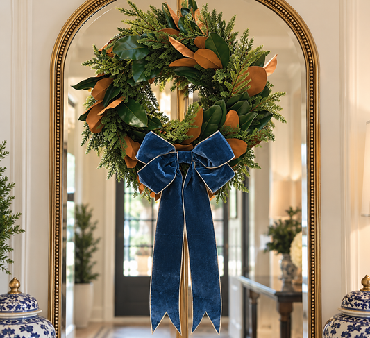 24’ Magnolia Leaf, Willow, Pine Wreath with a French Blue Bow