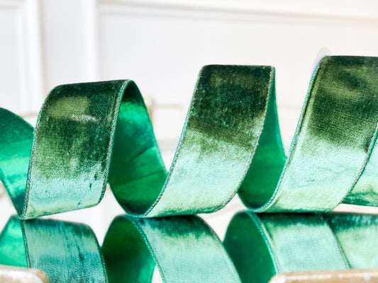 Emerald Green Viscoe Velvet Ribbon With Metallic Back