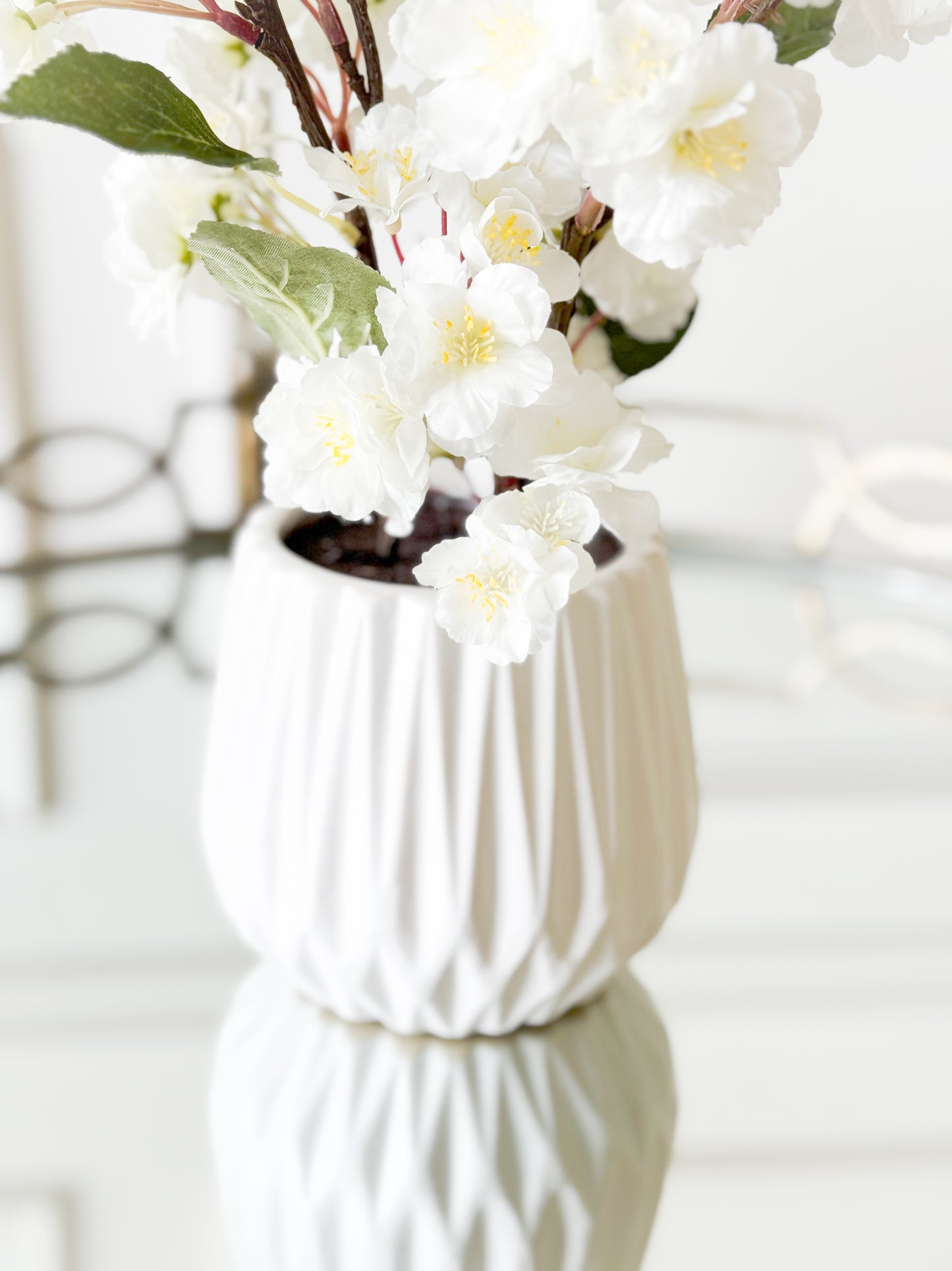 White Cherry Blossom Plant In Glass Vase