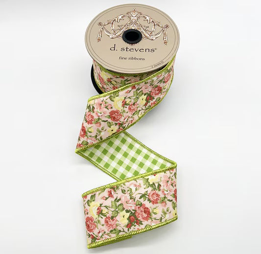 Poplin Mauve Yellow Roses, Green Checkered Back Ribbon