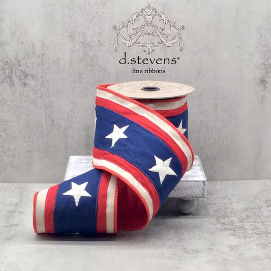 Canvas Embroidery Stars, Navy Blue Center Red Stripe Ribbon