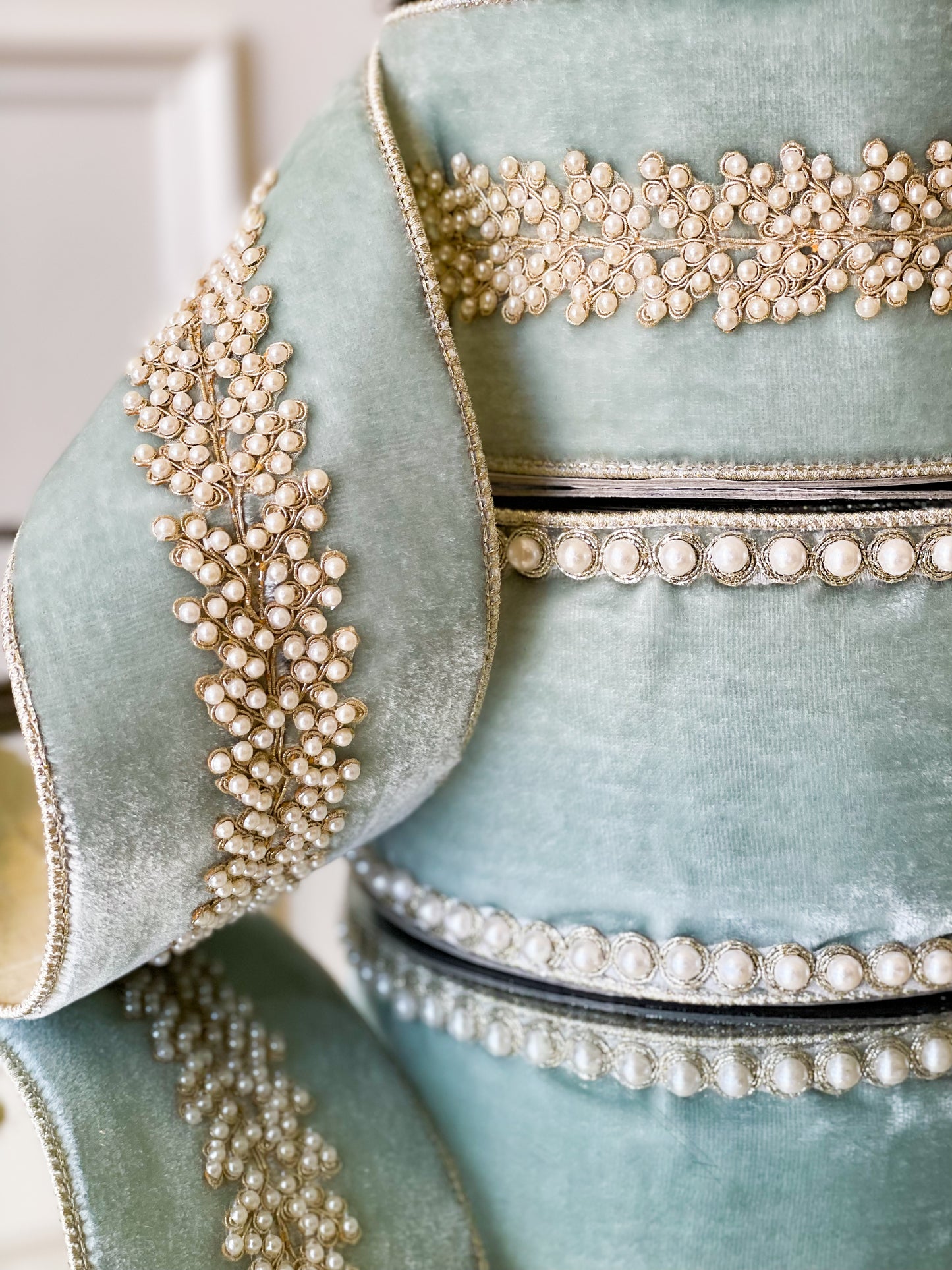 Seafoam Velvet With Pearl Border Ribbon