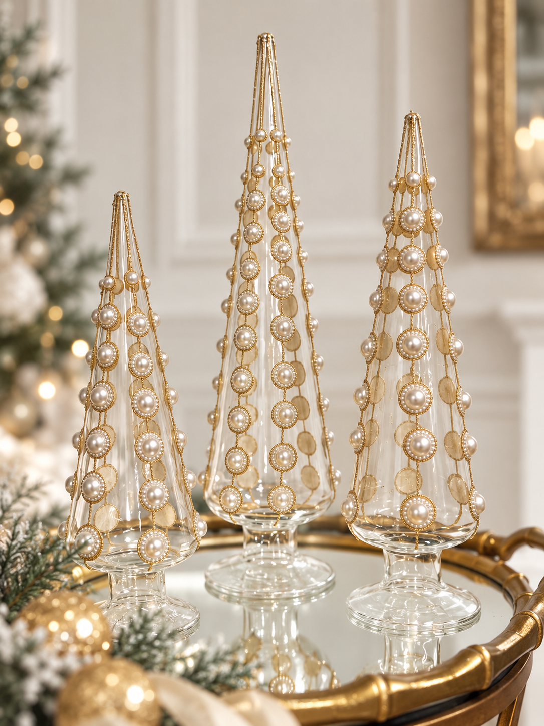 Clear Glass & Gold Pearl Cone Christmas Tree