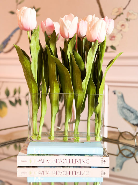 Heirloom Tulips In Glass Vase-11.5”