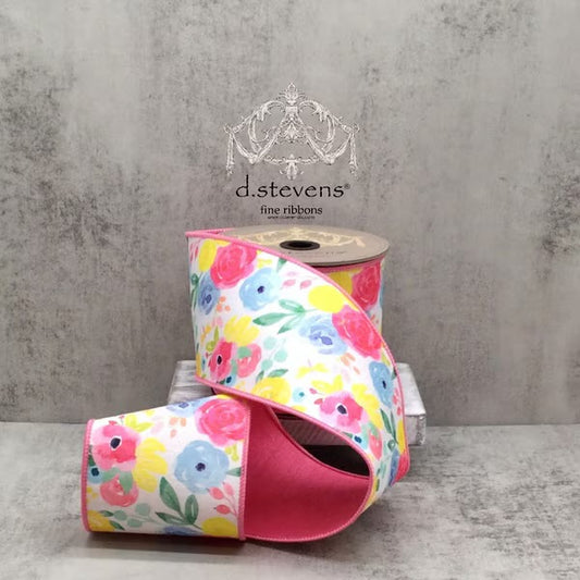 Dupion Watercolor Roses, Pink Blue Yellow Ribbon