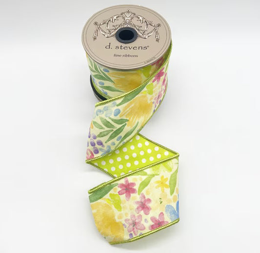 Poplin Watercolor Mix Floral Polka Dot Back, Lime Blue Lavender Ribbon