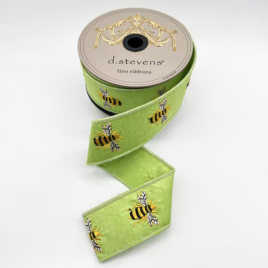 Dupion Embroidery Yellow Black Honey Bee, Celery Ribbon