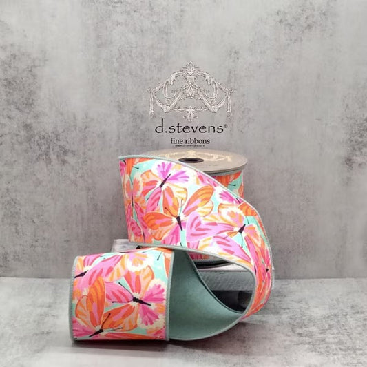 Dupion Colorful Orange Hot Pink Butterflies, Celadon Back Ribbon