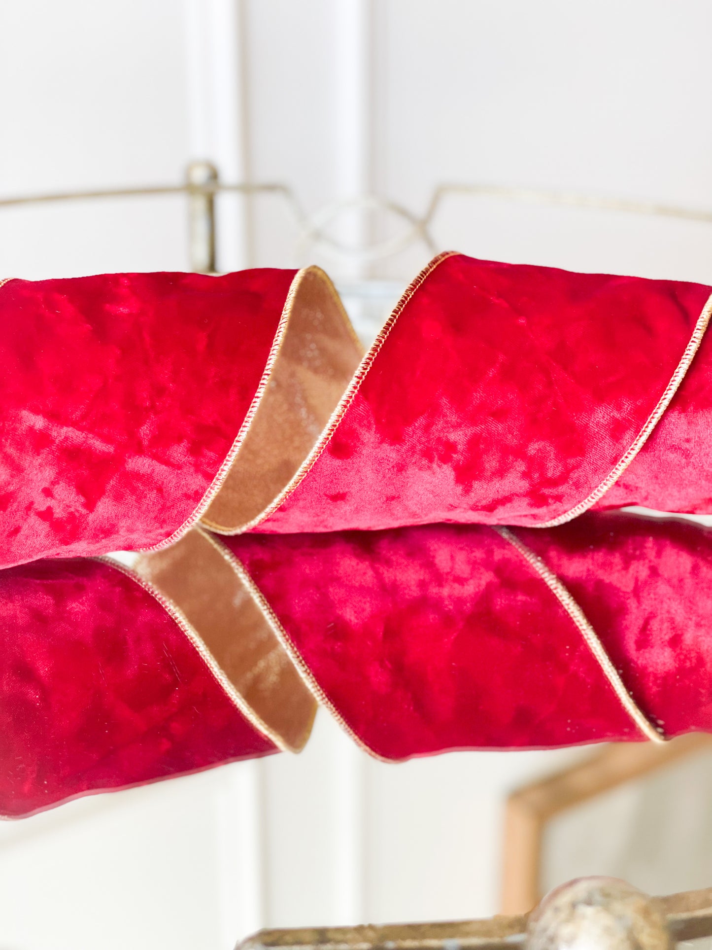 Red Textured Velvet Ribbon With Metallic Gold Back