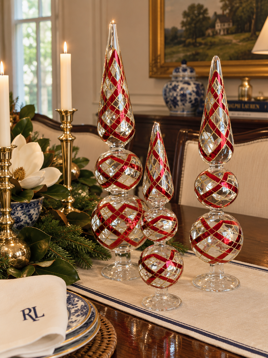Set of 3 Clear Glass Two-Ball Finials – Burgundy & Gold Plaid