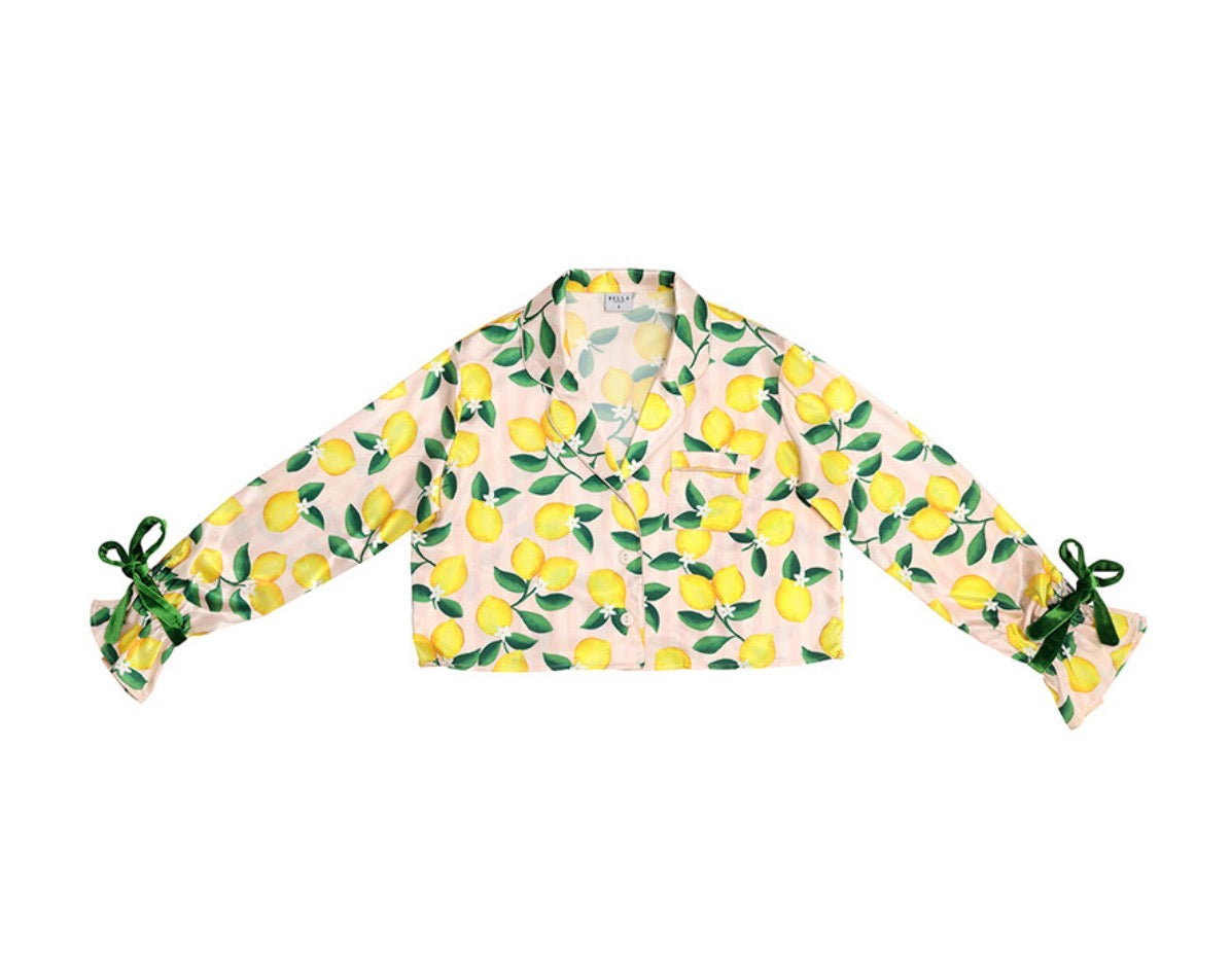 BELLA SLEEP + SPA.   Long Sleeve Cropped Ruffled Top + Ruffled Short PJ Set with Velvet Ties - Pink Stripes + Lemons- Small