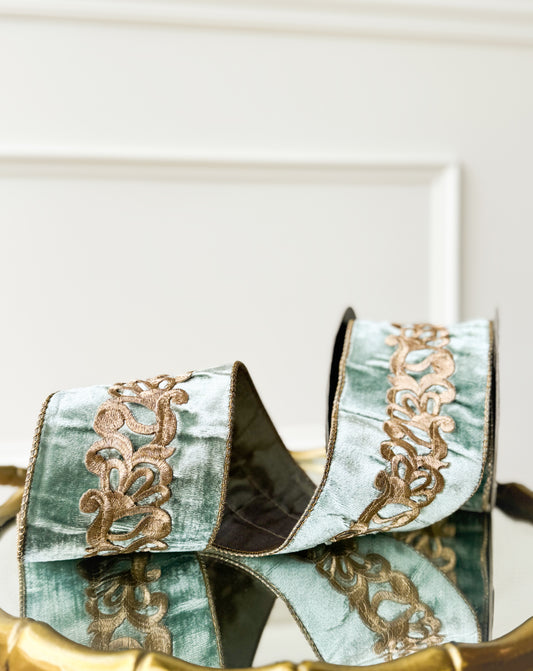 Seafoam Velvet Ribbon With Gold Scroll