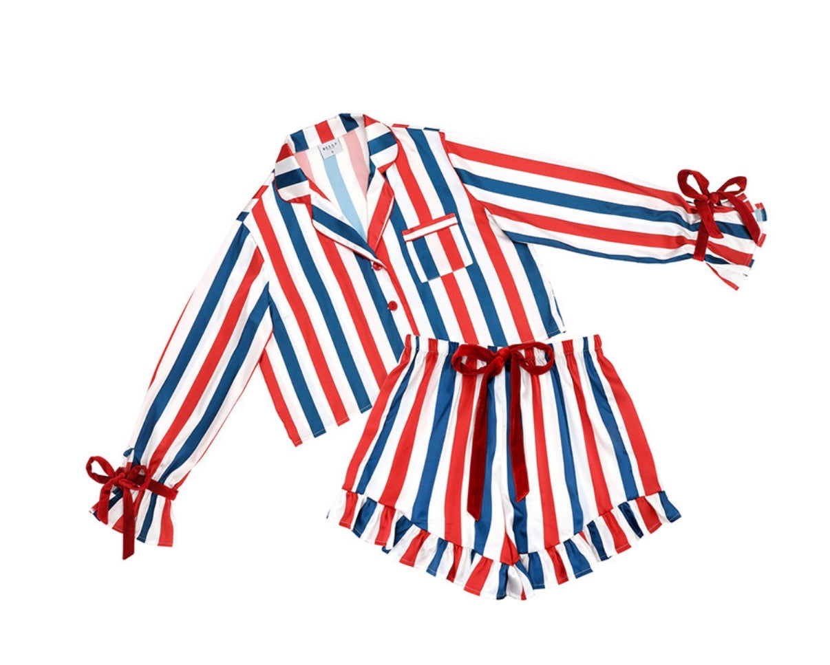 BELLA SLEEP + SPA.   Long Sleeve Cropped Ruffled Top + Ruffled Short PJ Set with Velvet Ties - Red, White + Blue Stripe, Small