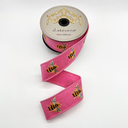 Dupion Embroidery Yellow Black Honey Bee, Hot Pink Ribbon