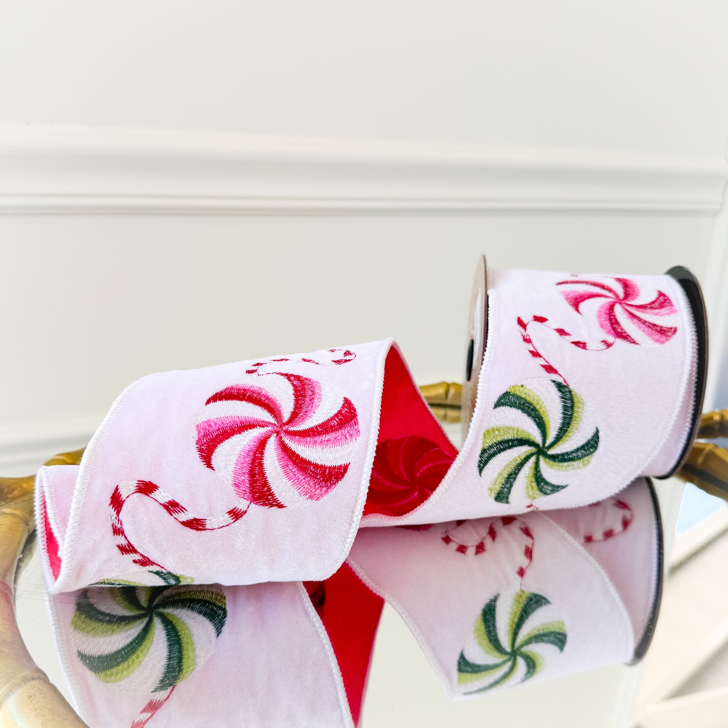 Winter White Velvet Embroidery Red/Pink Candy Disk Ribbon