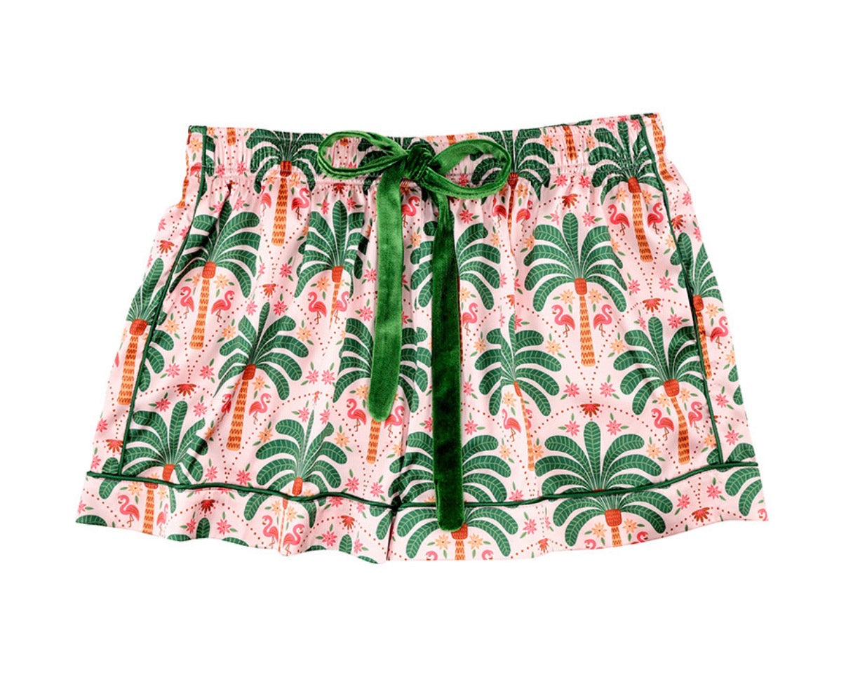 BELLA SLEEP + SPA  , Short Sleeve PJ Set with Velvet Tie - Pink + Palm Beach- Small
