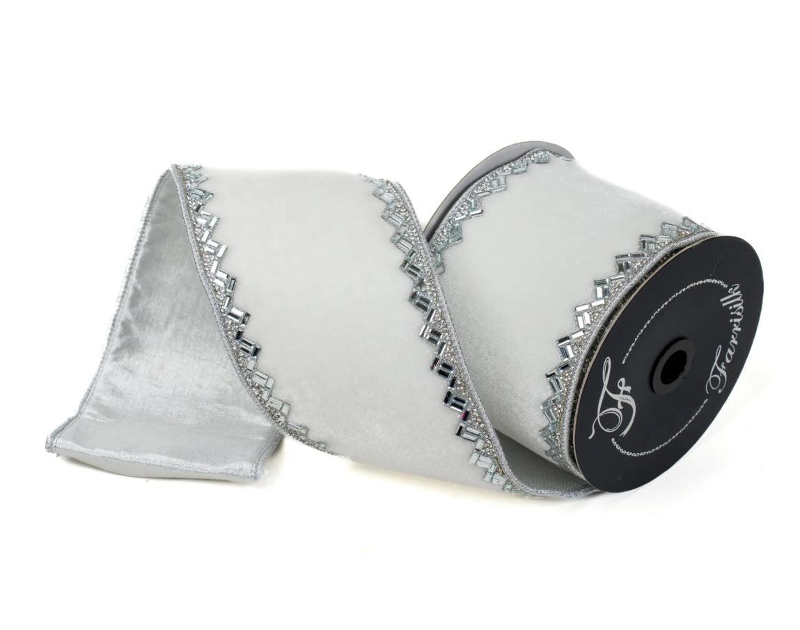 Heritage White Velvet Jeweled Ribbon 4” x 5yd
