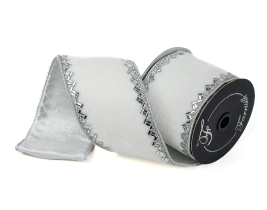 Heritage White Velvet Jeweled Ribbon 4” x 5yd