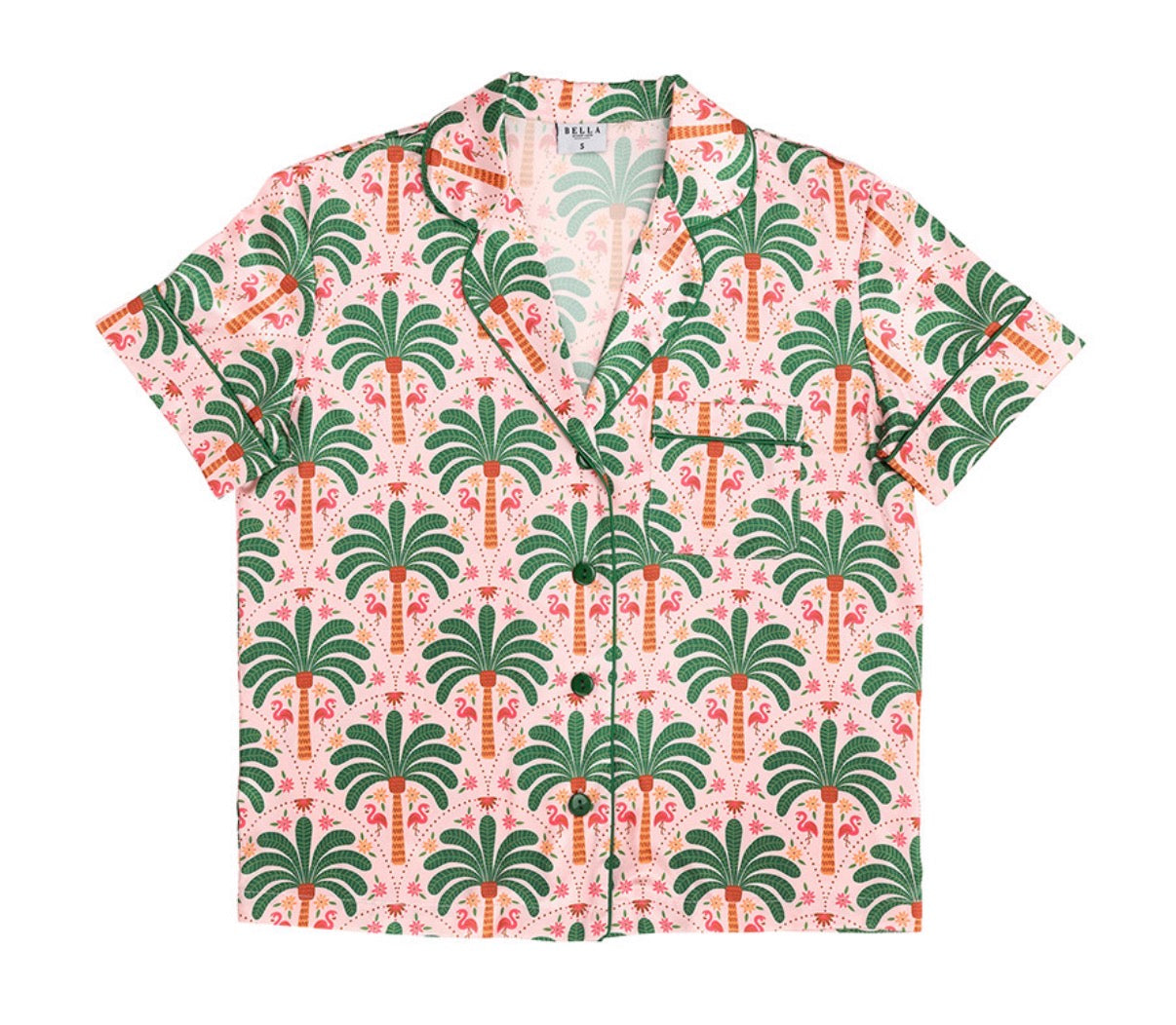 BELLA SLEEP + SPA  , Short Sleeve PJ Set with Velvet Tie - Pink + Palm Beach- Small
