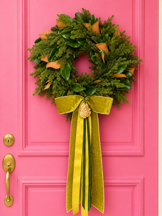 Blanc Box × Seasonal Home Stylist Heritage Magnolia Wreath & Bow- Chartreuse Velvet (Preorder)