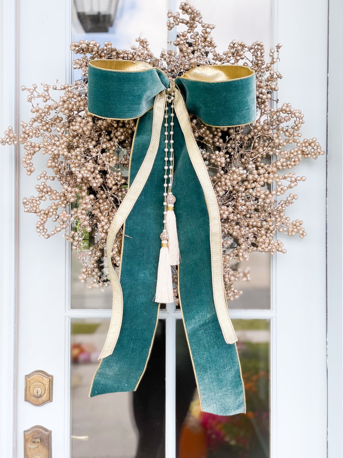 The Celadon  Noel Champagne Berry Wreath And Bow With Pearl Tassel