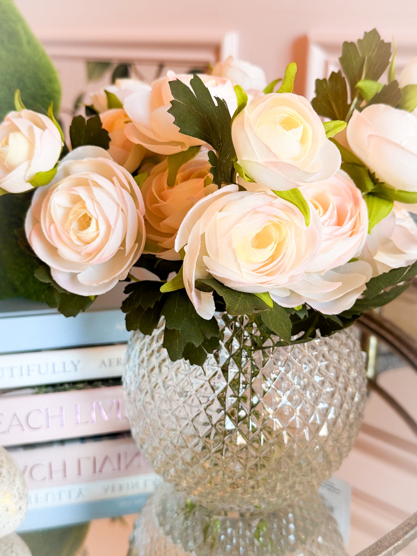 11” Cream & Blush Ranunculus in Glass Vase