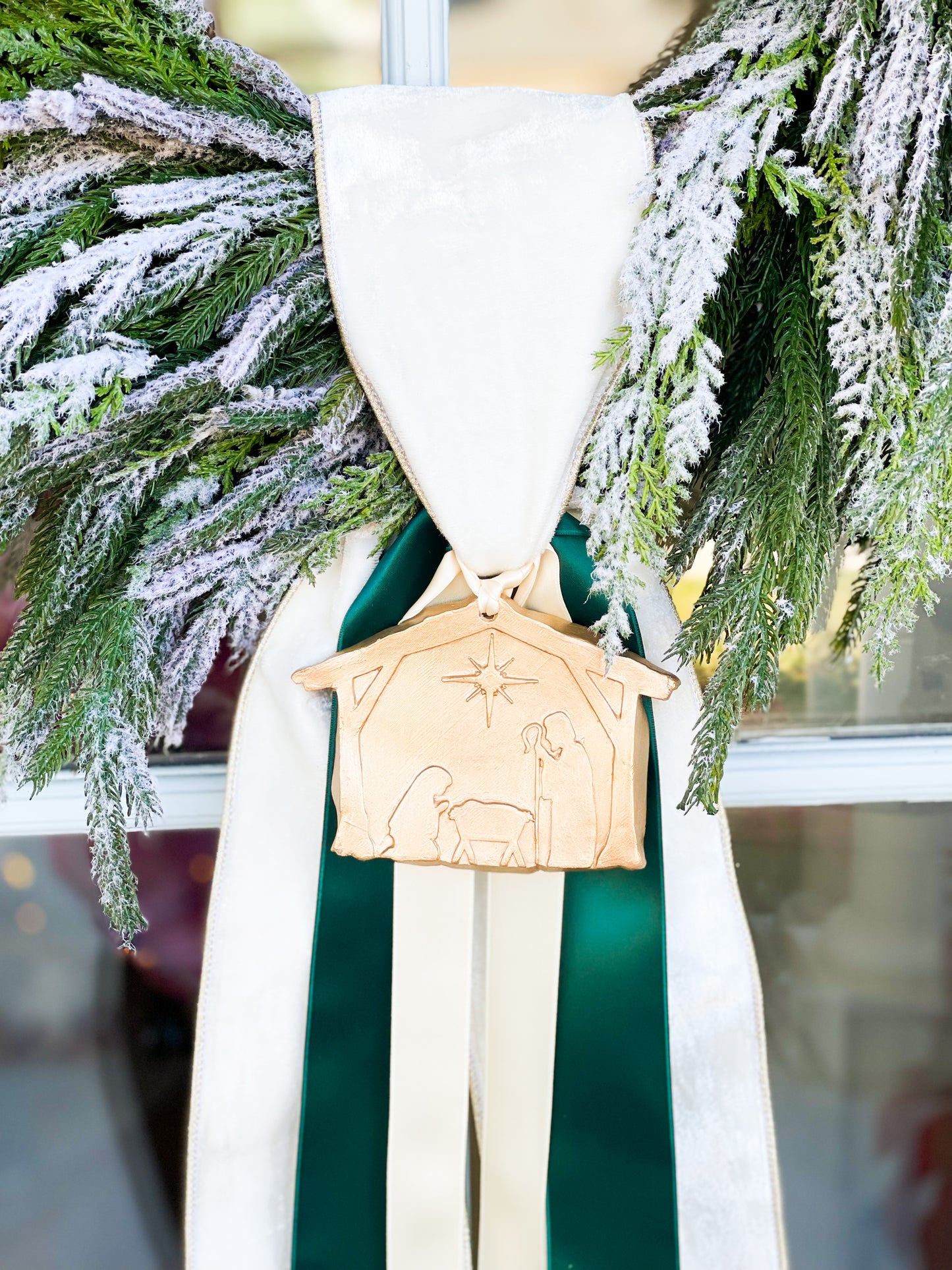 Emmanuel Wreath And Sash With Gold Nativity Ornament