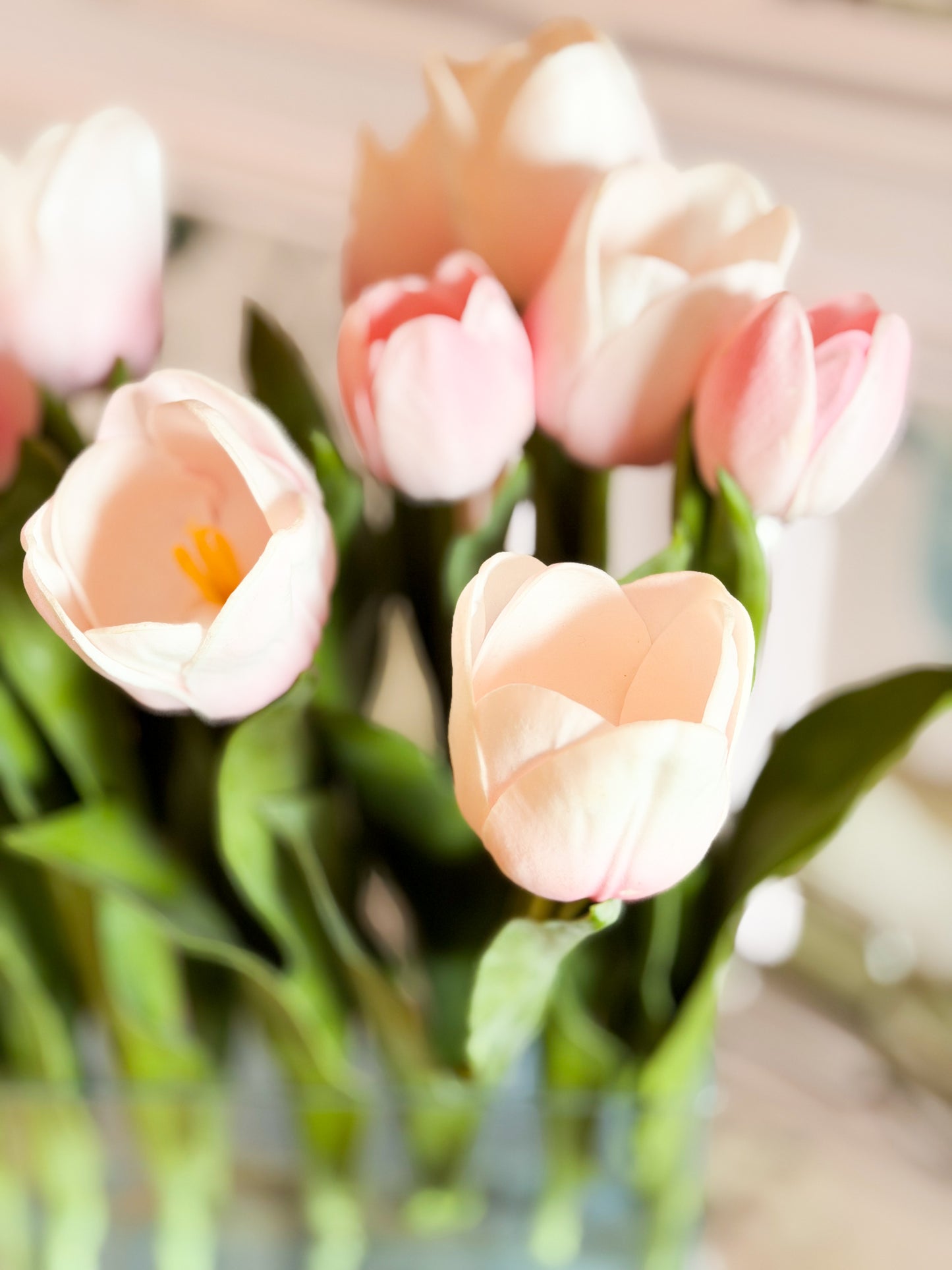 Heirloom Tulips In Glass Vase-11.5”