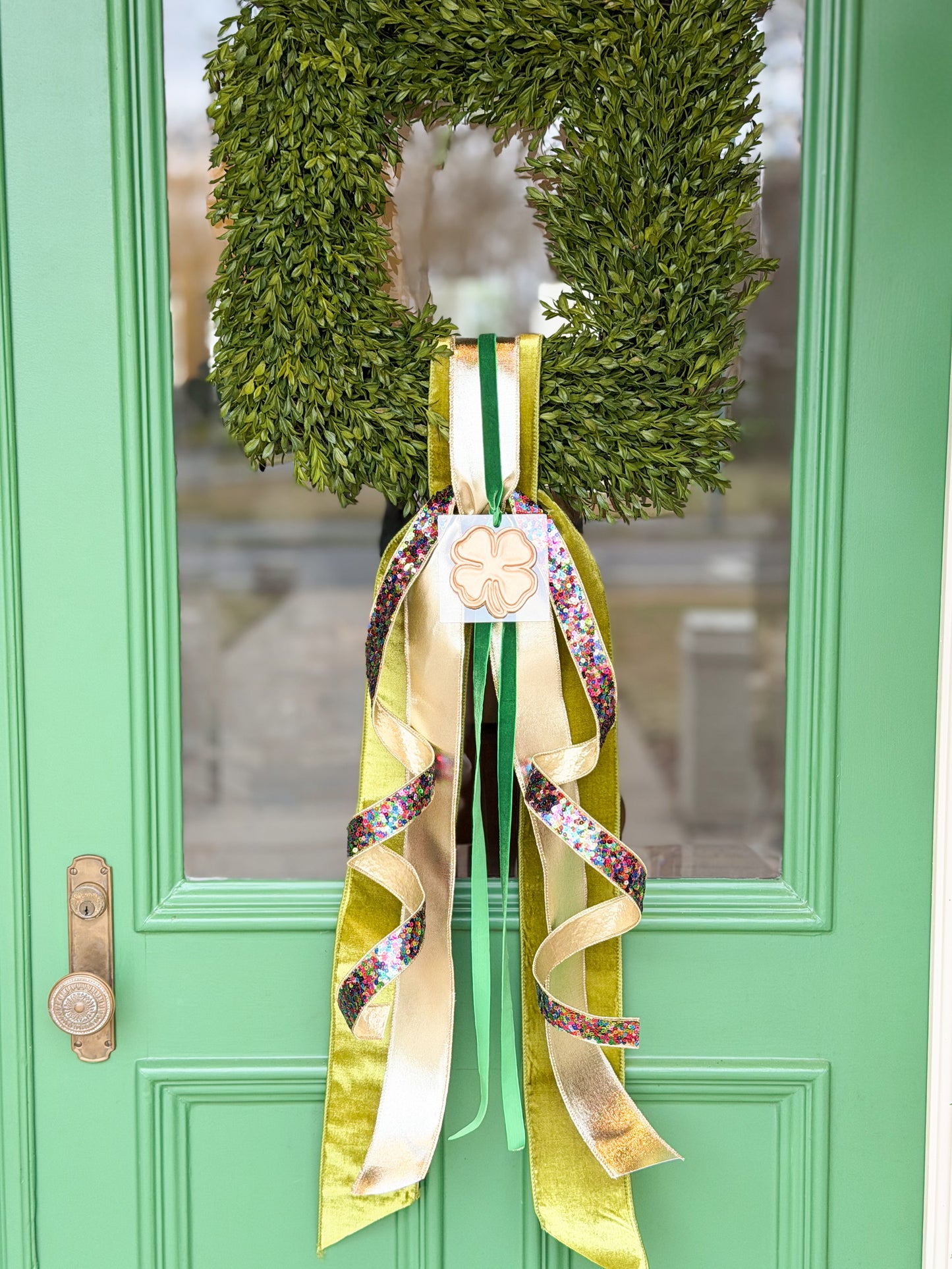 Gilded Luxe Clover Tea Leaf Wreath | Luxury St. Patrick’s Day Wreath with Velvet Bow & Clover Charm