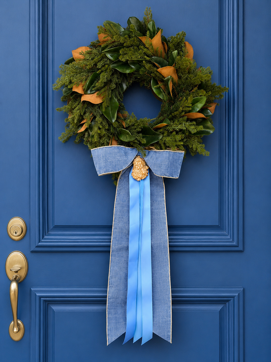 Blanc Box × Seasonal Home Stylist Heritage Magnolia Wreath & Bow- French Blue Velvet (Preorder)