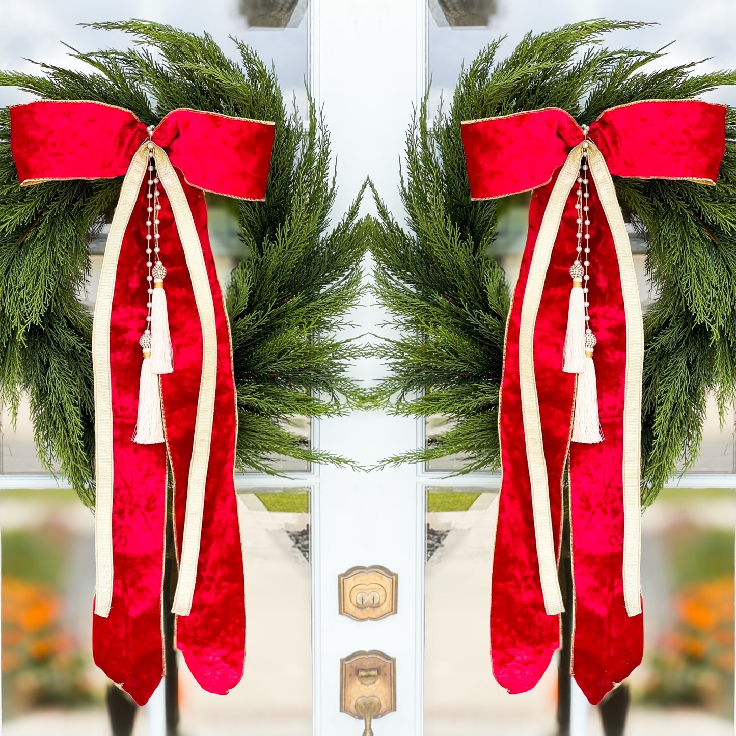 The Red Noel Cedar Wreath And Bow With Pearl Tassel.