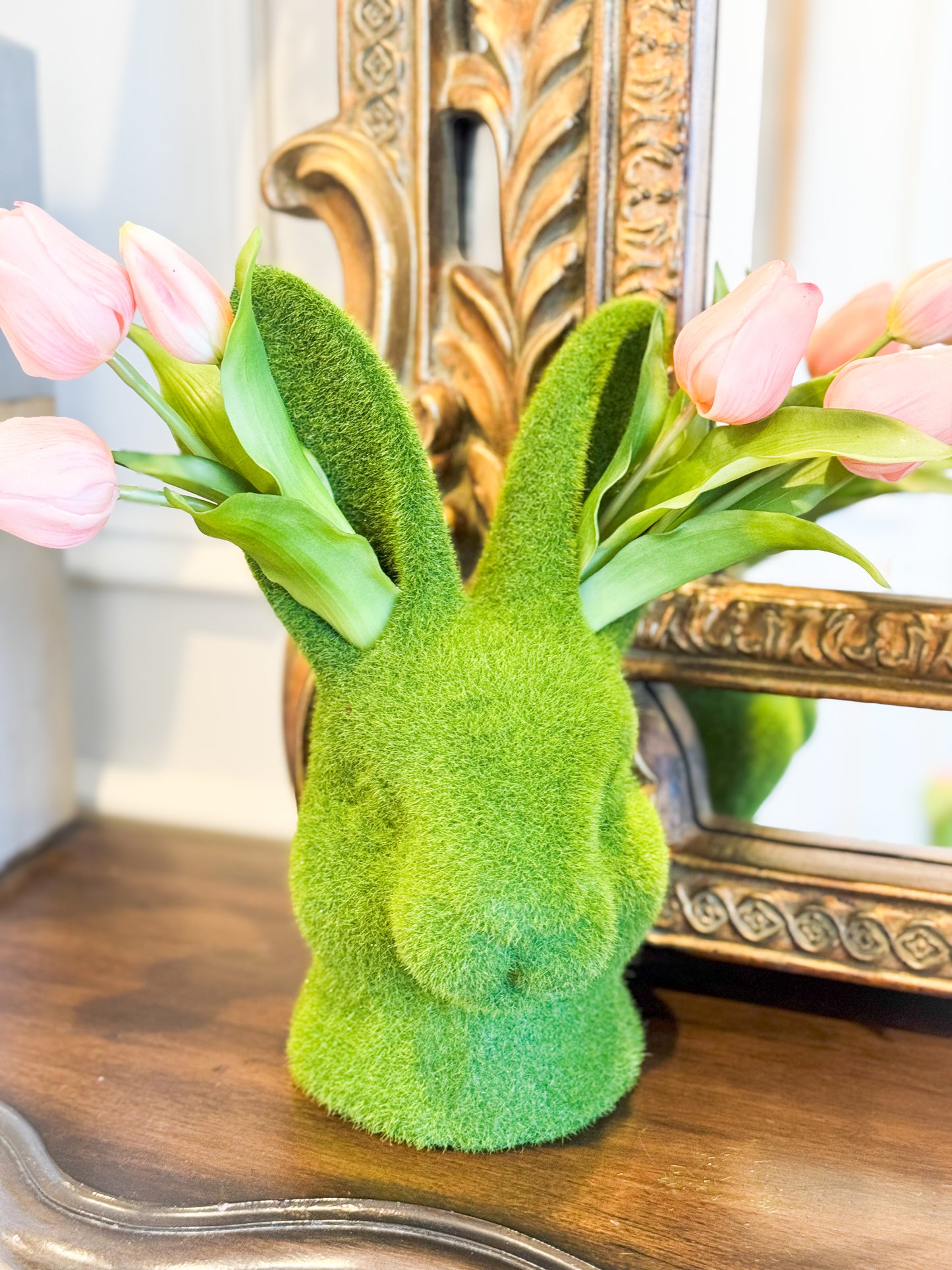 Moss Bunny Planter With Pink Real Touch Tulip Bouquet