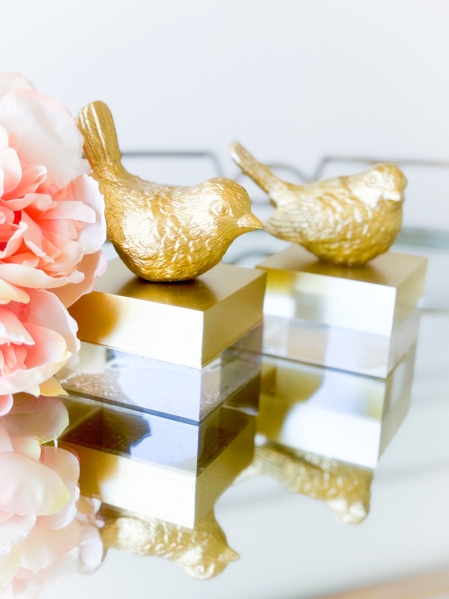 Set Of Two Gold Birds On Acrylic Blocks