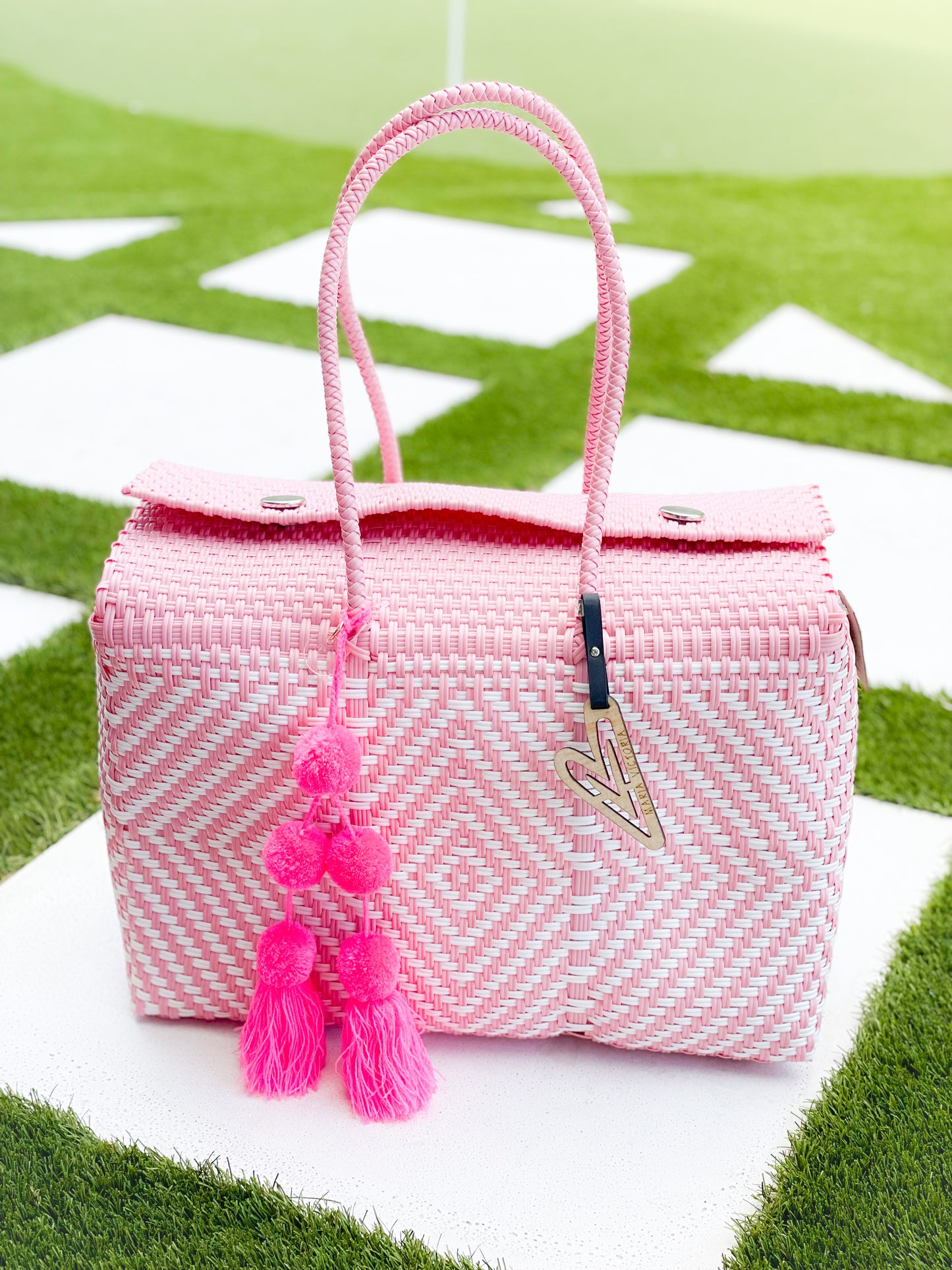 Pink And White Maria Victoria Tote Basket And Tassel