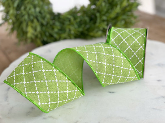 Lime Green Diamond Faux Linen Ribbon- 2.5" x 10 yds