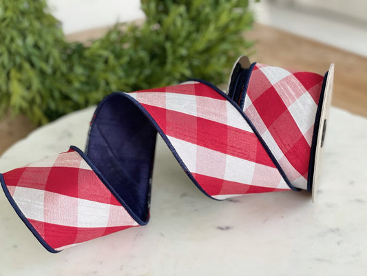 Patriotic Plaid Red/White Diagonal Check with Navy Back Faux Dupion Ribbon- 2.5" x 10 yds