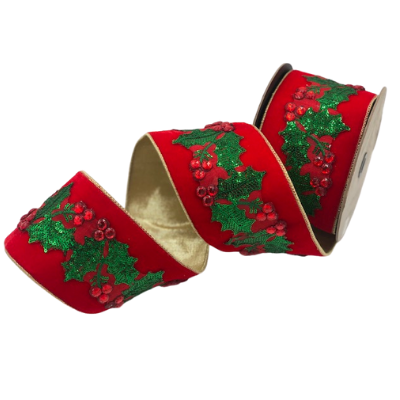 Red Crystal & Green Sequined Holly Red Velvet Ribbon with Gold Backing