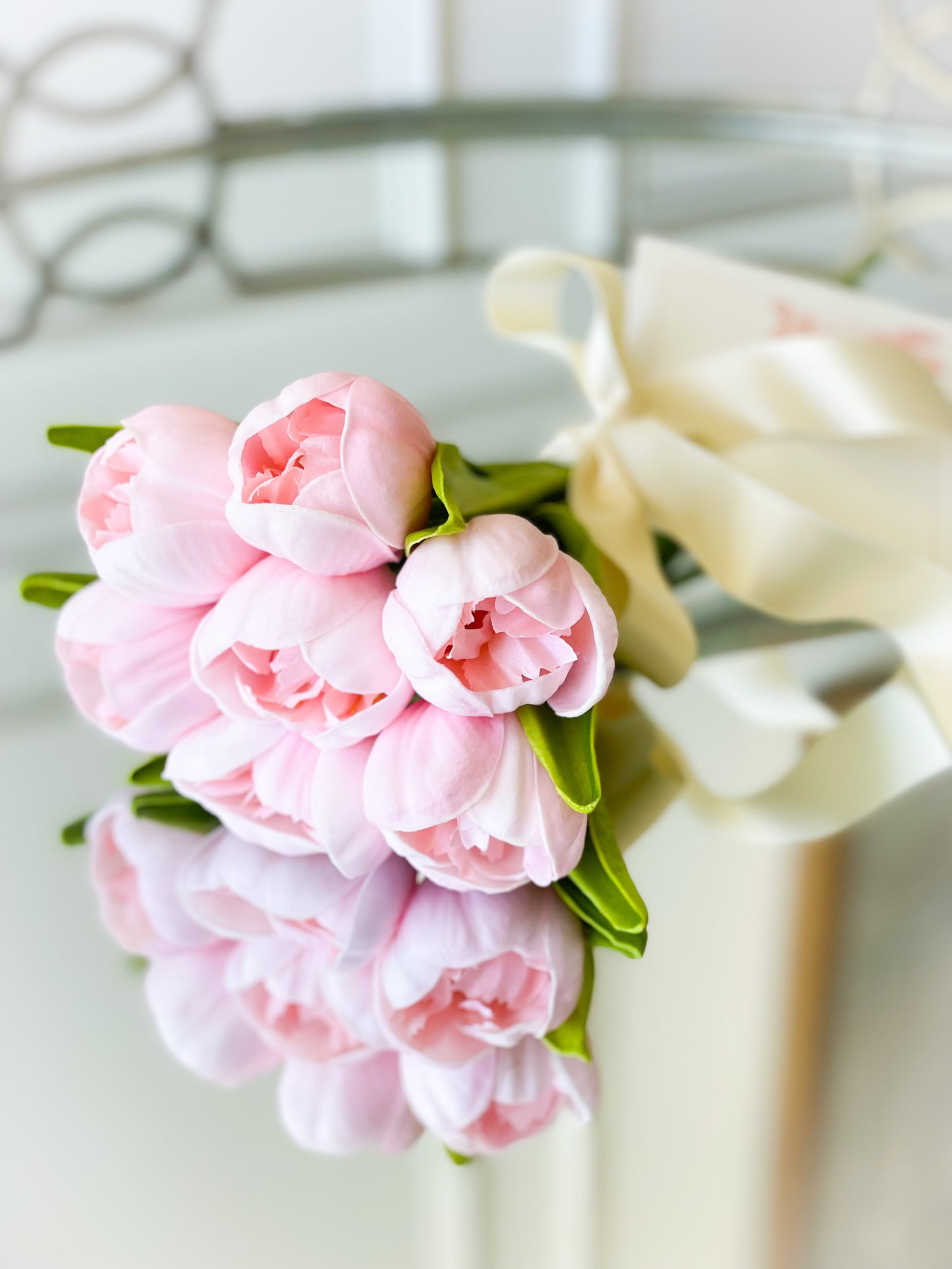 Light Pink Tulip Bundle With Satin Bow And Dance Card