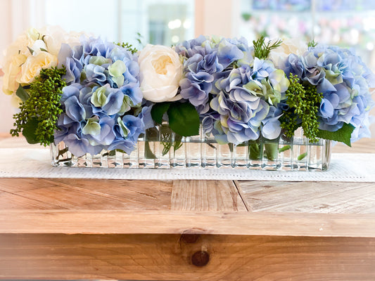 Blue And White Long Hydrangea, Rose, And Peony Arrangement In Ribbed Glass Vase