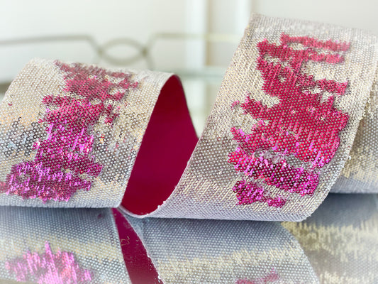 Silver/Pink Sequin Taffeta Ribbon