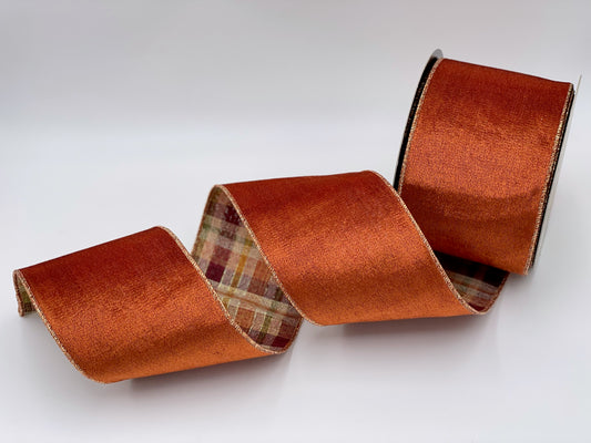 Rust Velvet Ribbon with Plaid Backing & Gold Trim