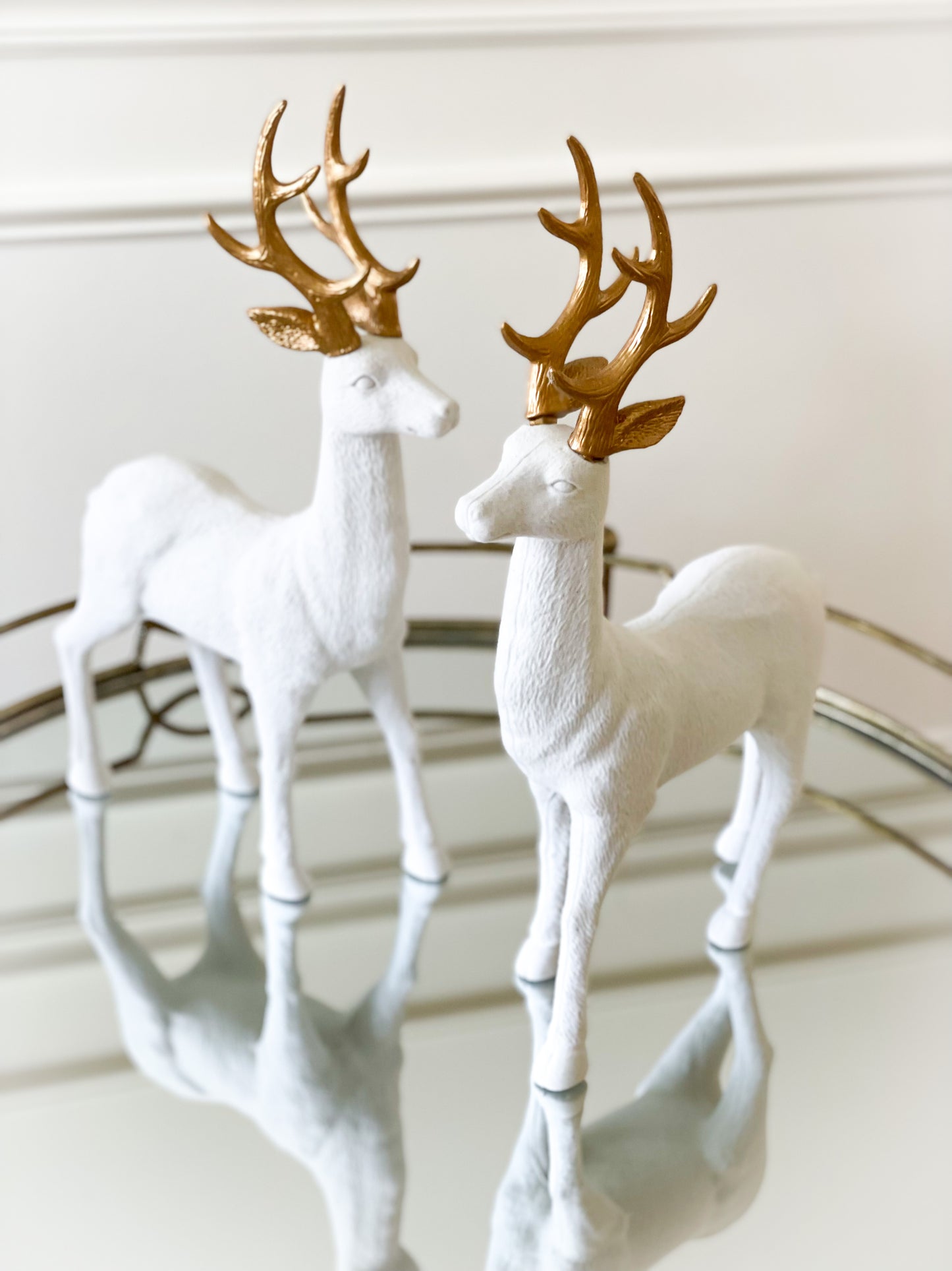 Set of 2 White Velvet Reindeer With Gold Antlers